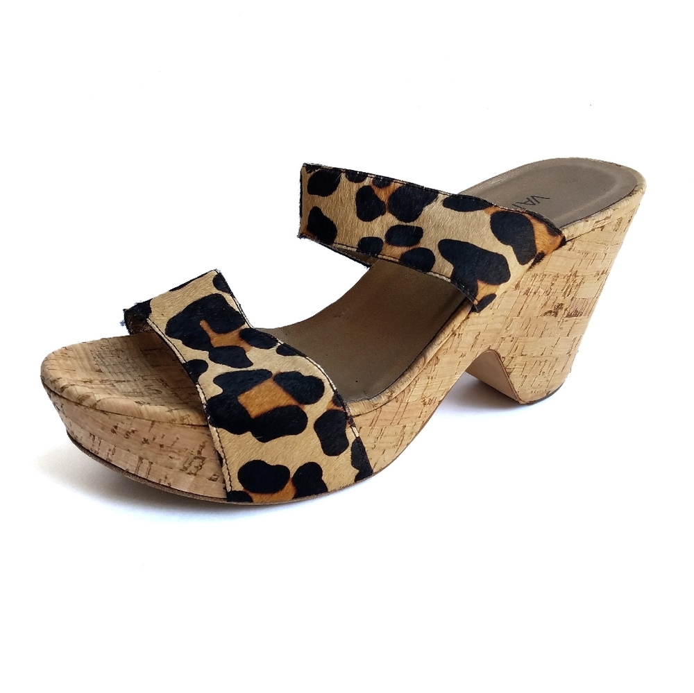 VanEli Leopard Print Calf Hair Leather Sandals Cork Wedge Slip On